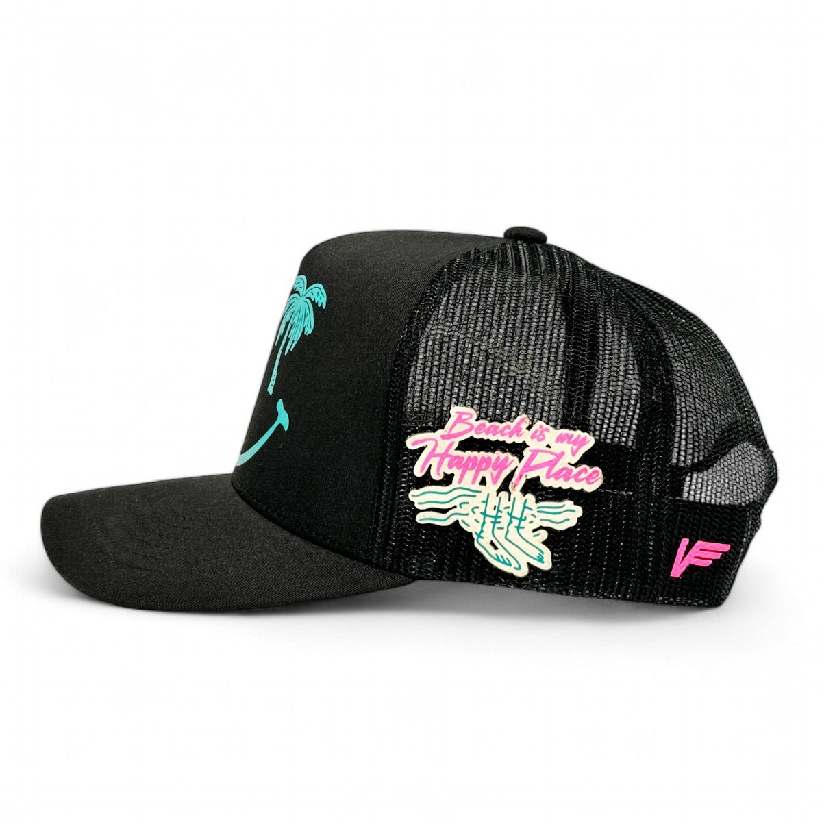 VAGO Style HAPPY PLACE Gorra Unica Artesanal Negra Ajustable de Malla con Visera Curva-Unitalla