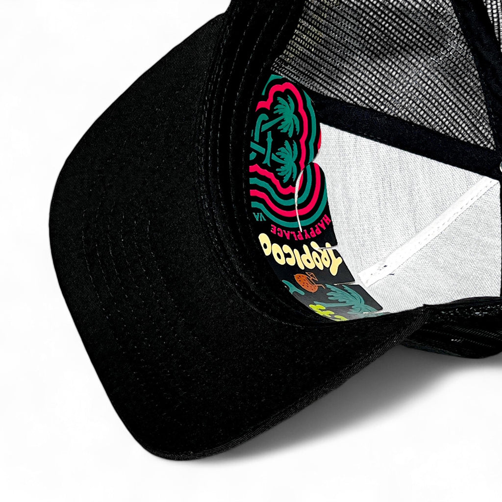 VAGO Style HAPPY PLACE Gorra Unica Artesanal Negra Ajustable de Malla con Visera Curva-Unitalla