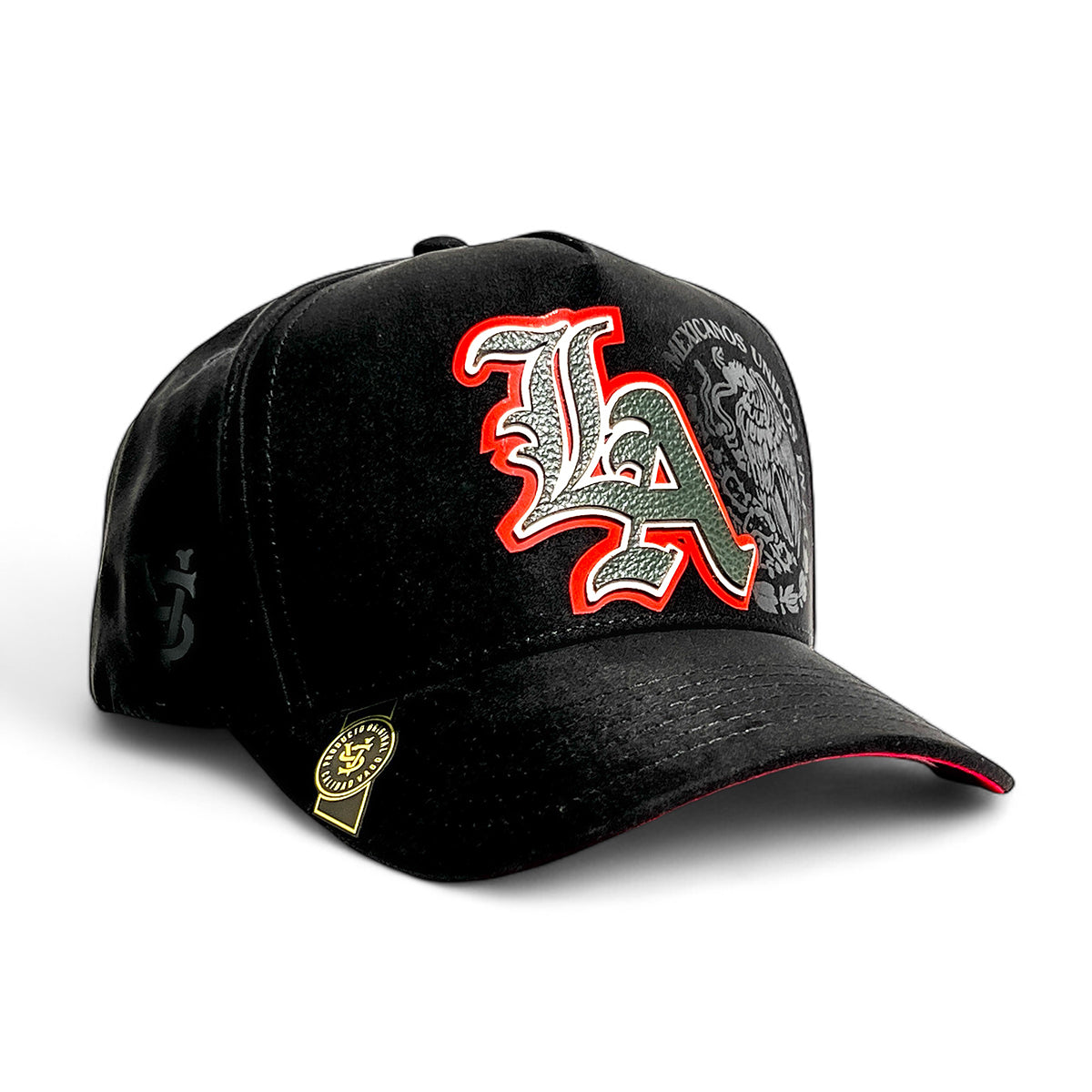 VAGO Style LA MX Gorra Unica Artesanal Negra de Gamuza Ajustable con Visera Curva con Rojo Bajo Vise