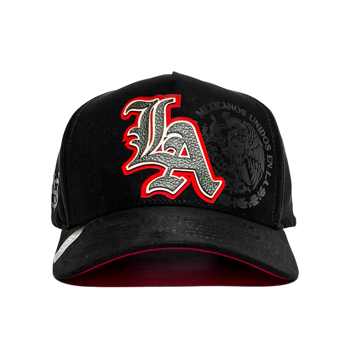 VAGO Style LA MX Gorra Unica Artesanal Negra de Gamuza Ajustable con Visera Curva con Rojo Bajo Vise