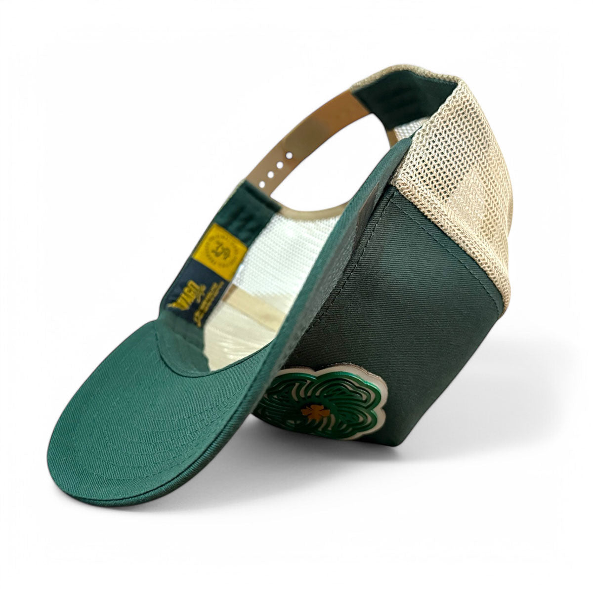 Gorra VAGO Style LUCKY Trébol Verde Obscuro con Malla Dorada Visera Curva-Unitalla
