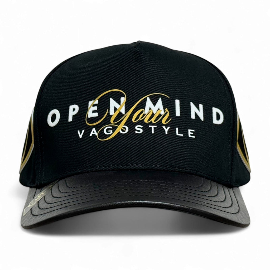 VAGO OPEN YOUR MIND Gorra Visera Curva Negra Imitación Piel-Unitalla