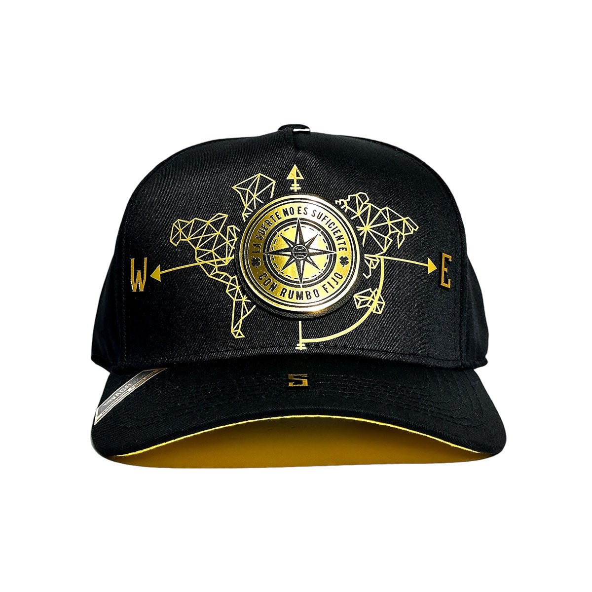 VAGO Style RUMBO FIJO Gold Gorra Unica Artesanal Negra Ajustable con Visera Curva con Amarillo Bajo