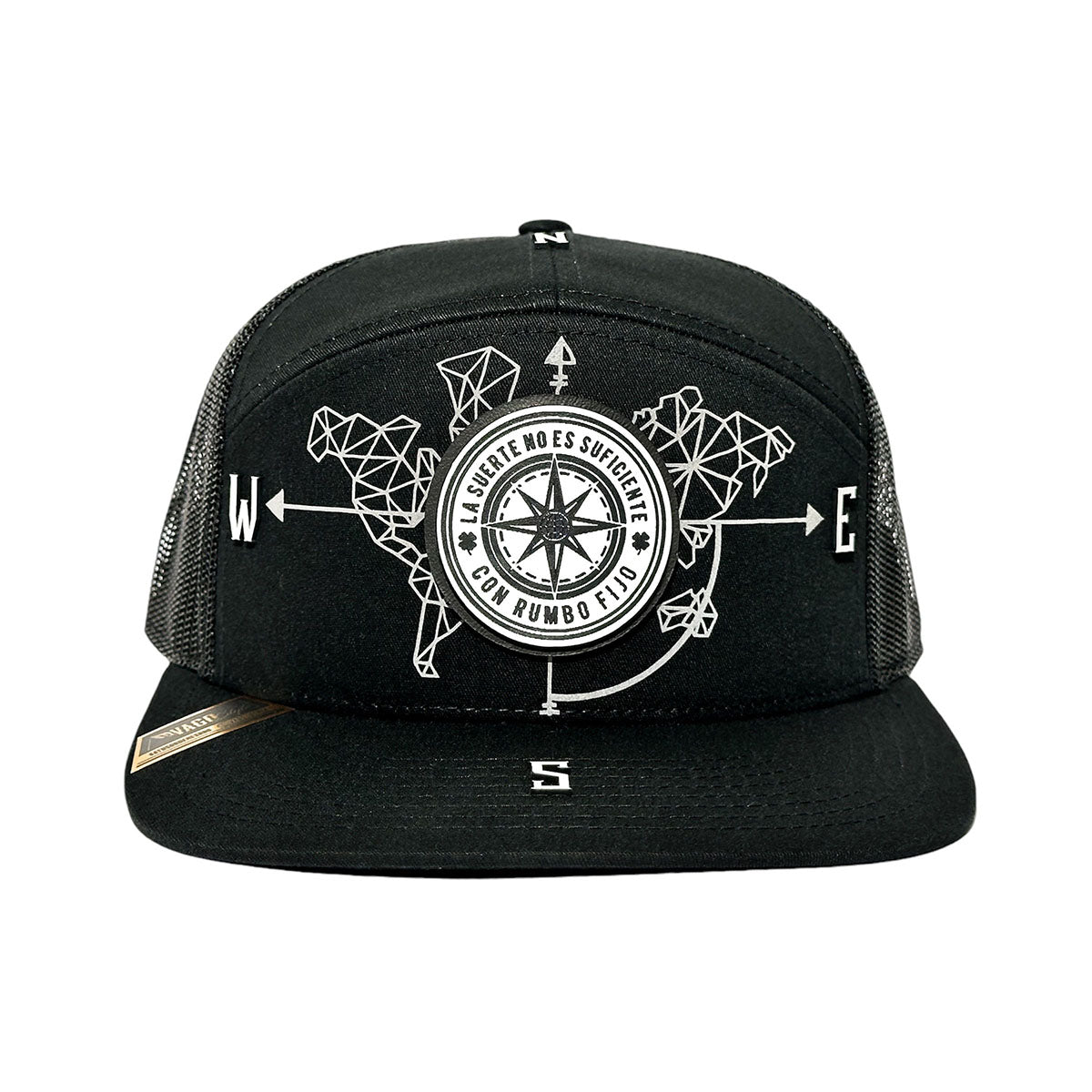 VAGO Style RUMBO FIJO White Gorra Unica Artesanal Negra 7 Panel Ajustable con Visera Plana-Unitalla