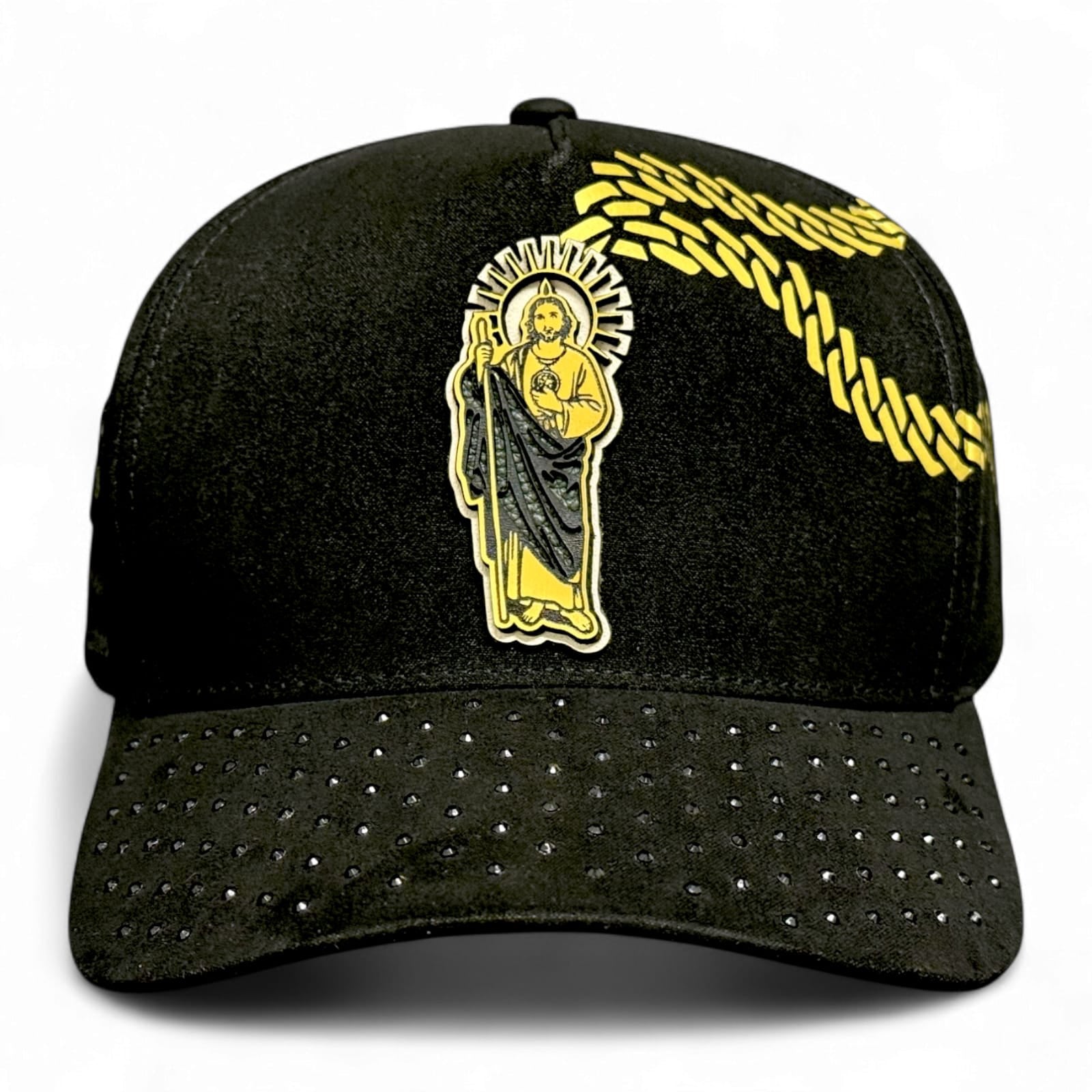 Gorra Vago Style San Judas Diamond Negra Cadena Dorada