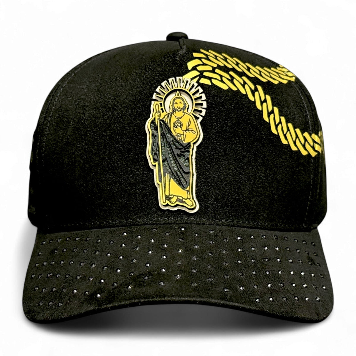 Gorra Vago Style San Judas Diamond Negra Cadena Dorada
