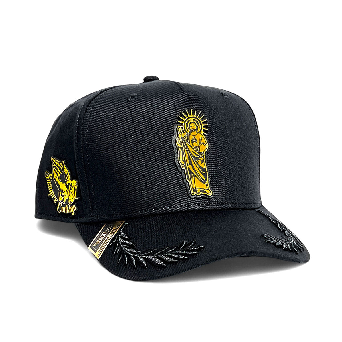 VAGO Style SAN JUDAS Gorra Unica Artesanal Negra Ajustable con Visera Curva con Laureles Negros-Unit