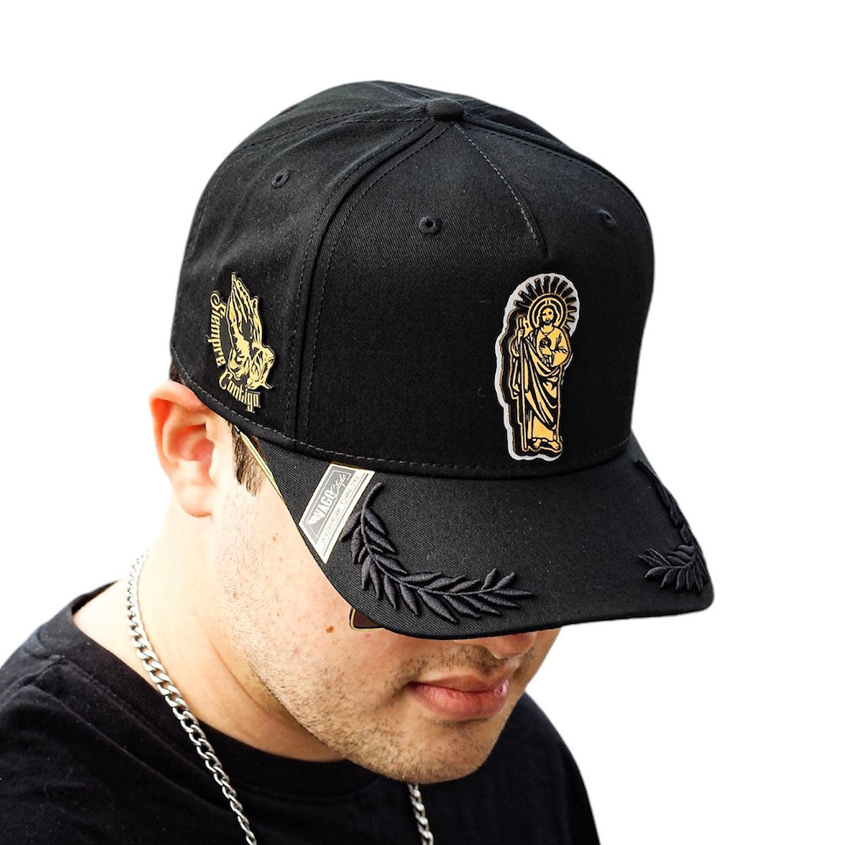 VAGO Style SAN JUDAS Gorra Unica Artesanal Negra Ajustable con Visera Curva con Laureles Negros-Unit