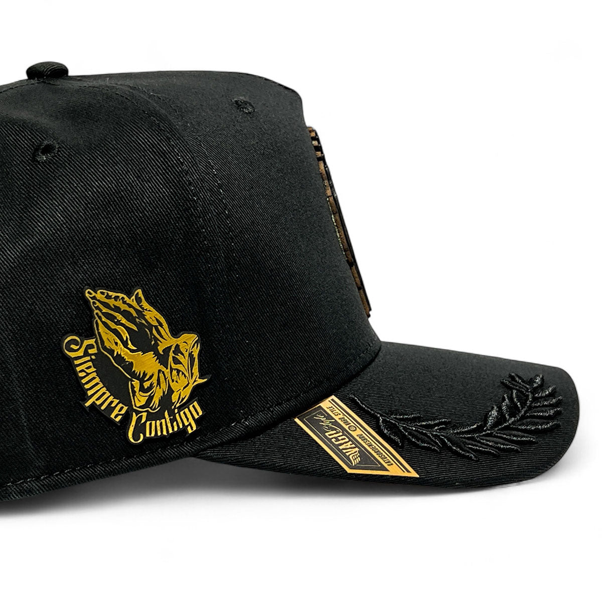 VAGO Style SAN JUDAS Gorra Unica Artesanal Negra Ajustable con Visera Curva con Laureles Negros-Unit
