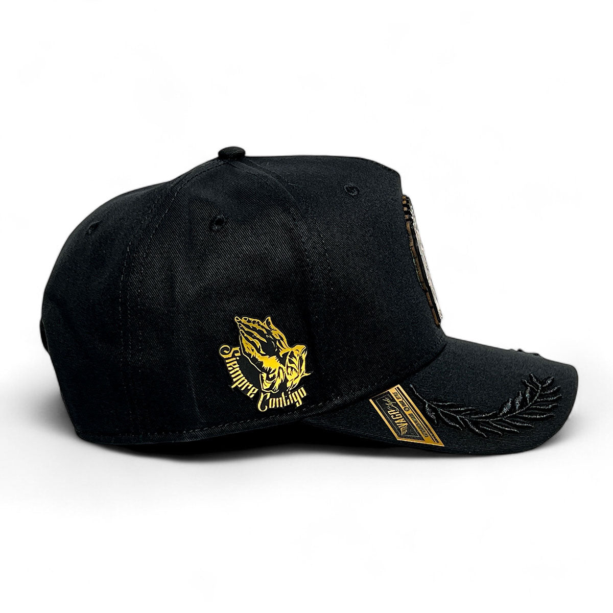 VAGO Style SAN JUDAS Gorra Unica Artesanal Negra Ajustable con Visera Curva con Laureles Negros-Unit