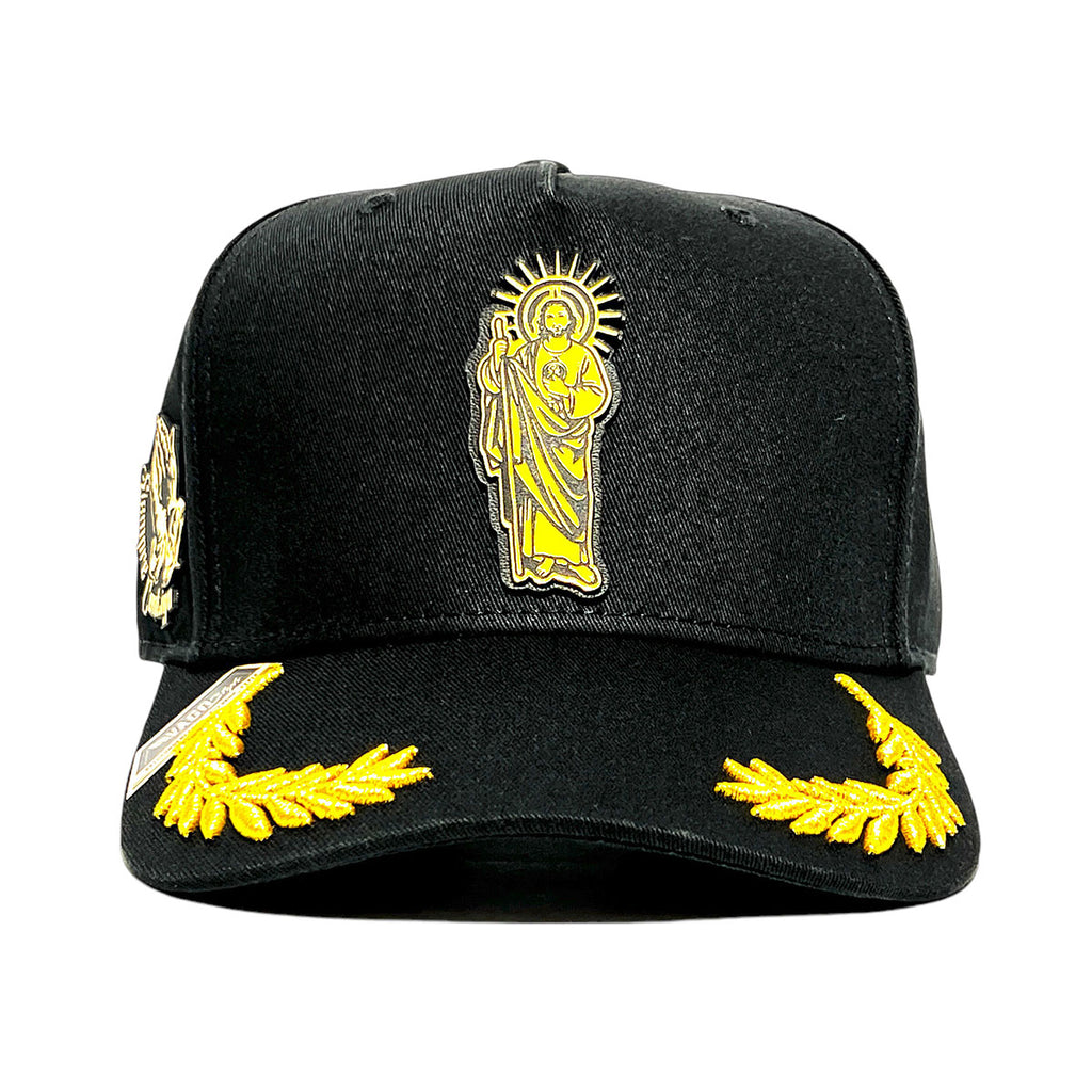 VAGO Style SAN JUDAS Gorra Unica Artesanal Negra Ajustable con Visera Curva con Laureles Dorados-Uni