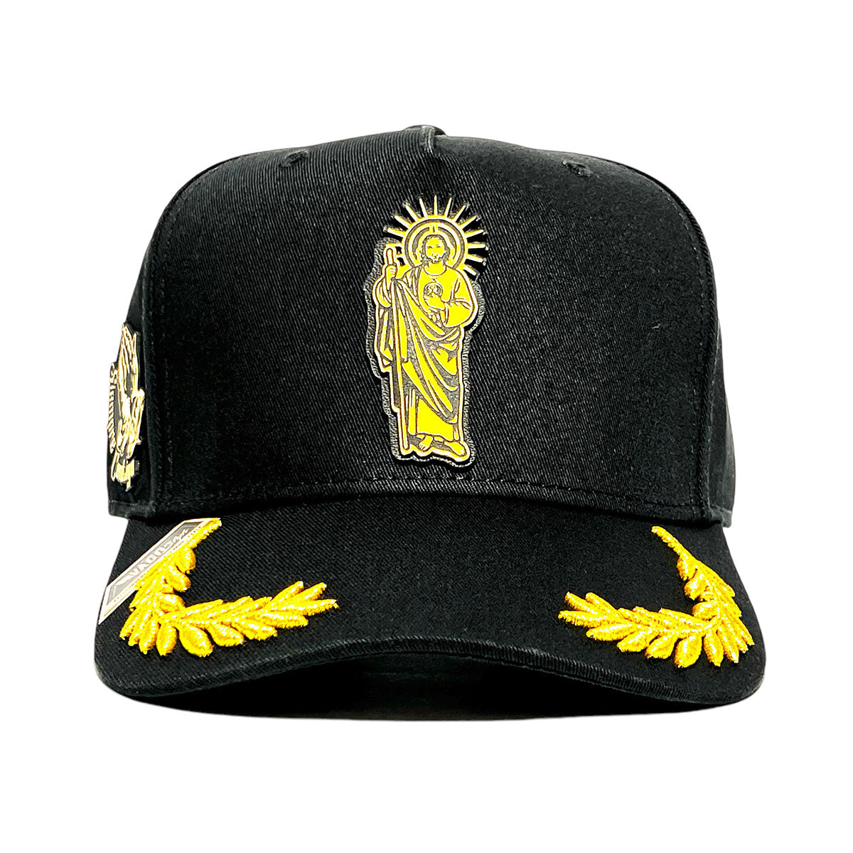 VAGO Style SAN JUDAS Gorra Unica Artesanal Negra Ajustable con Visera Curva con Laureles Dorados-Uni