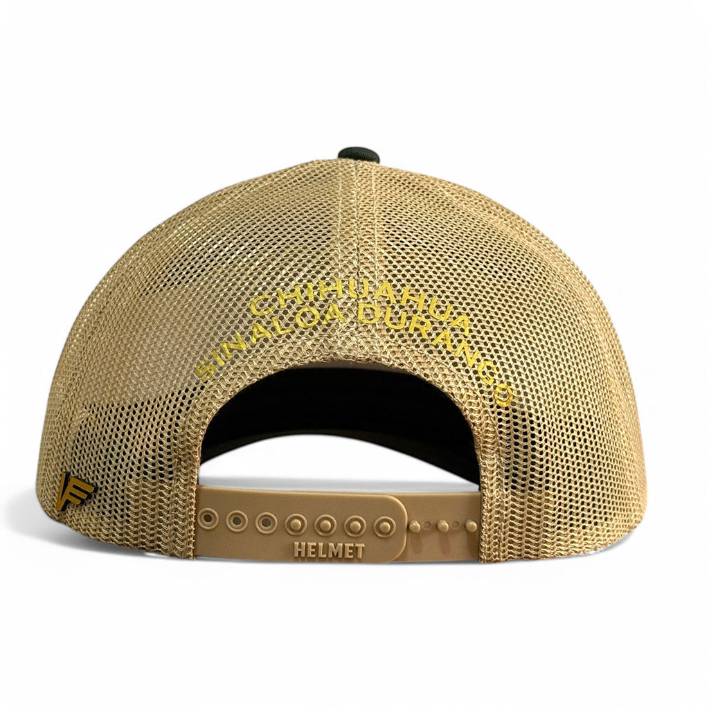 VAGO Style TRIANGULO DORADO Gorra Unica Artesanal Verde Obscuro y Malla Dorada Ajustable con Visera