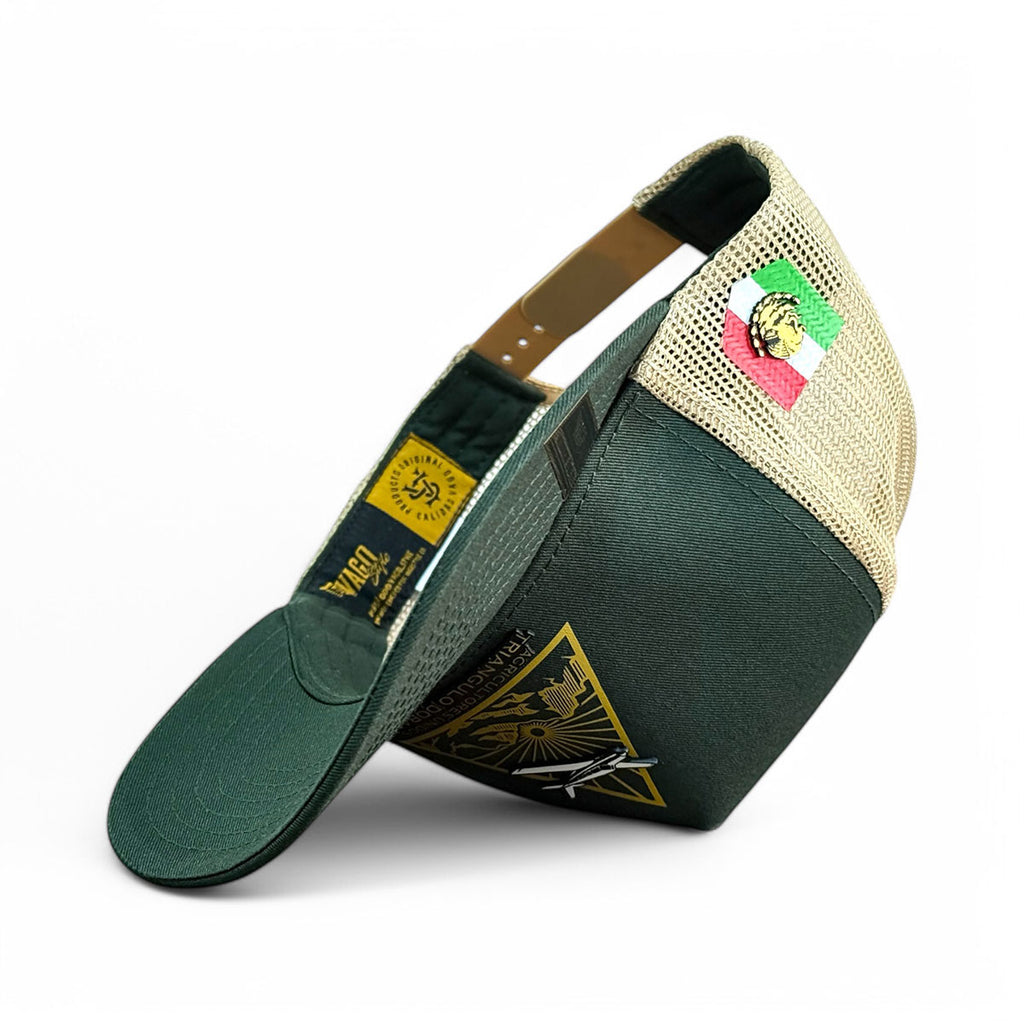 VAGO Style TRIANGULO DORADO Gorra Unica Artesanal Verde Obscuro y Malla Dorada Ajustable con Visera