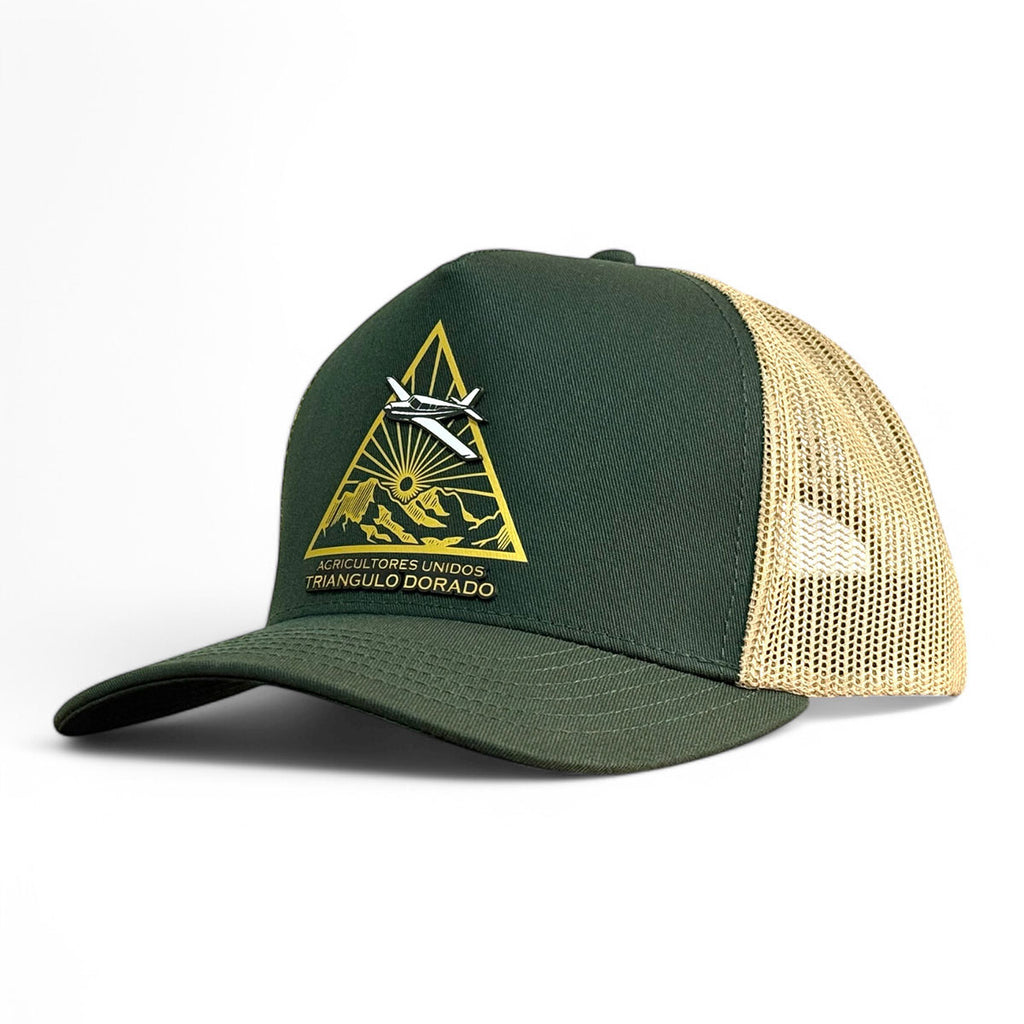VAGO Style TRIANGULO DORADO Gorra Unica Artesanal Verde Obscuro y Malla Dorada Ajustable con Visera