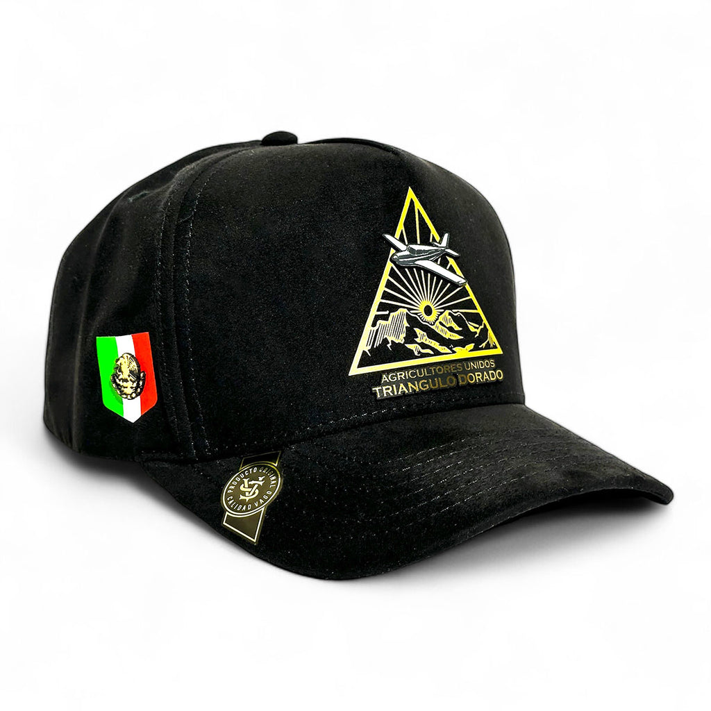VAGO Style TRIANGULO DORADO Gorra Unica Artesanal Negra de Gamuza Ajustable con Visera Curva-Unitall