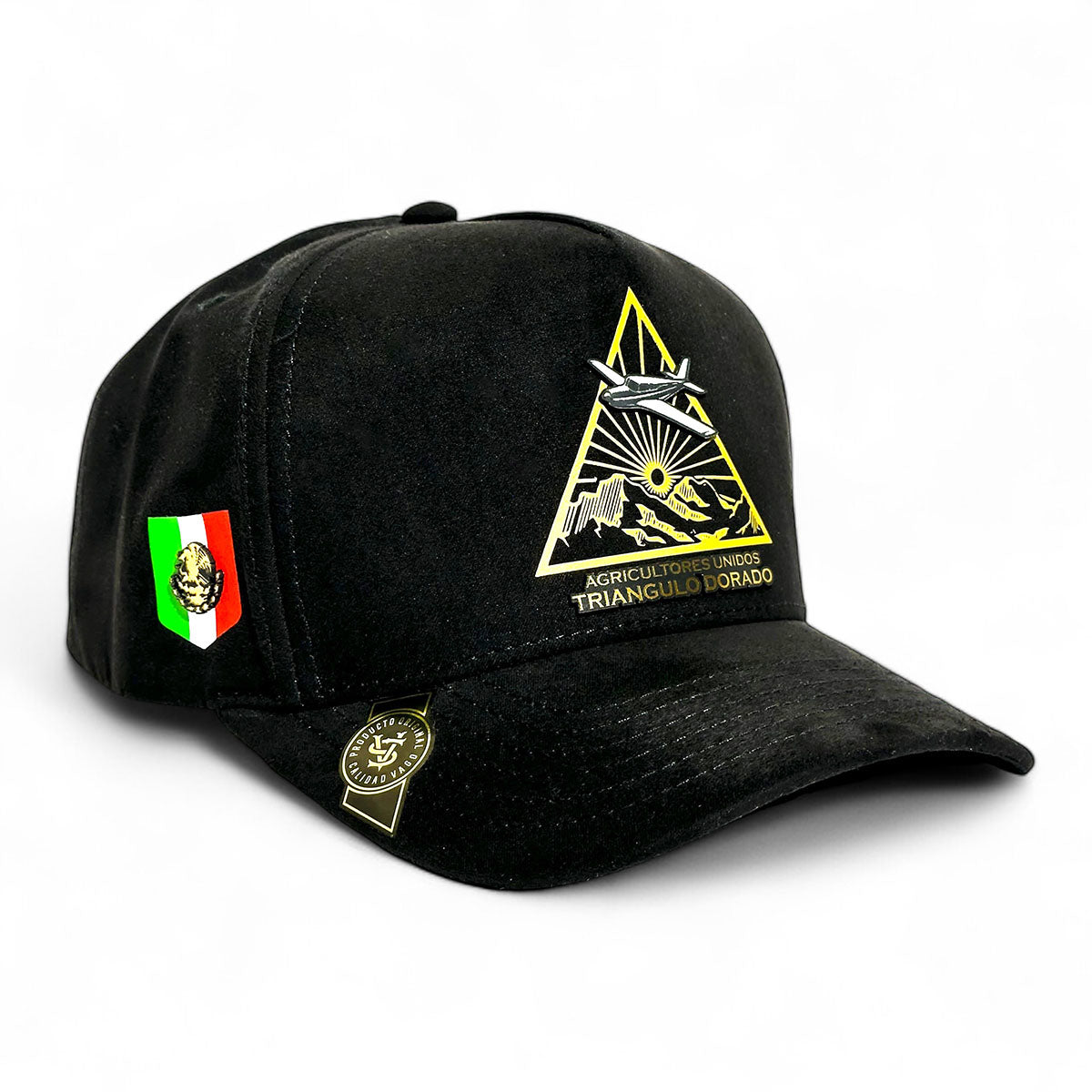 VAGO Style TRIANGULO DORADO Gorra Unica Artesanal Negra de Gamuza Ajustable con Visera Curva-Unitall