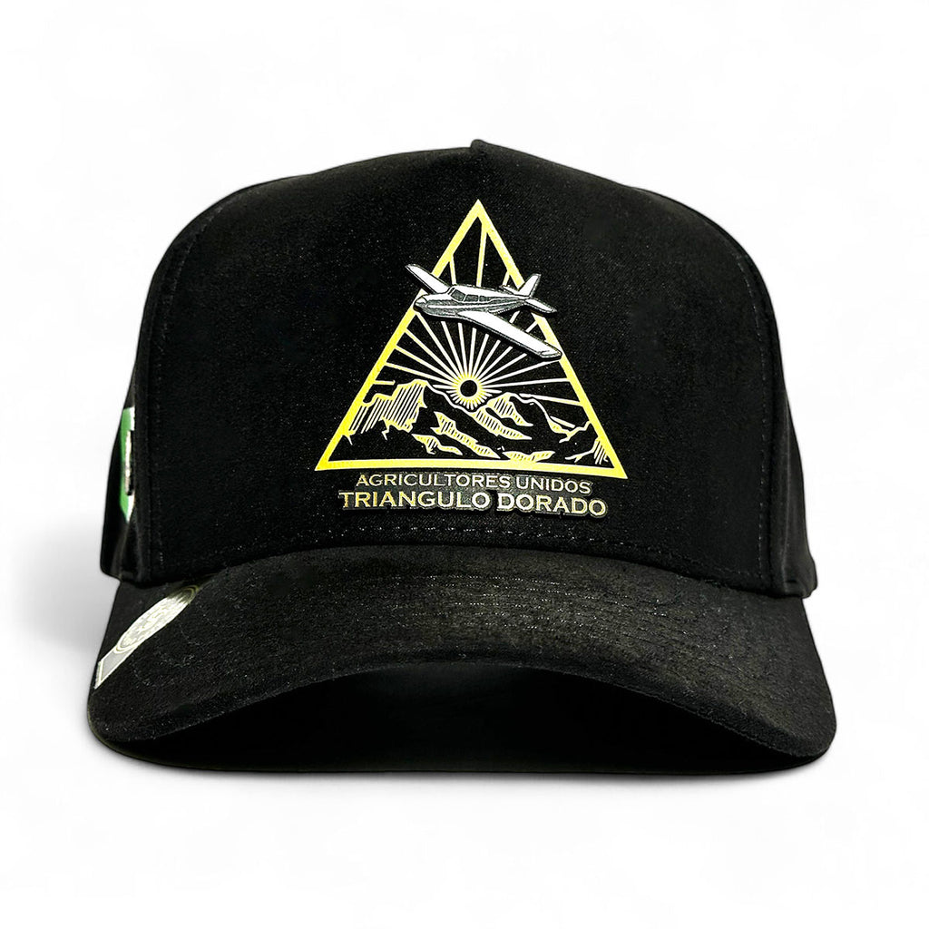 VAGO Style TRIANGULO DORADO Gorra Unica Artesanal Negra de Gamuza Ajustable con Visera Curva-Unitall