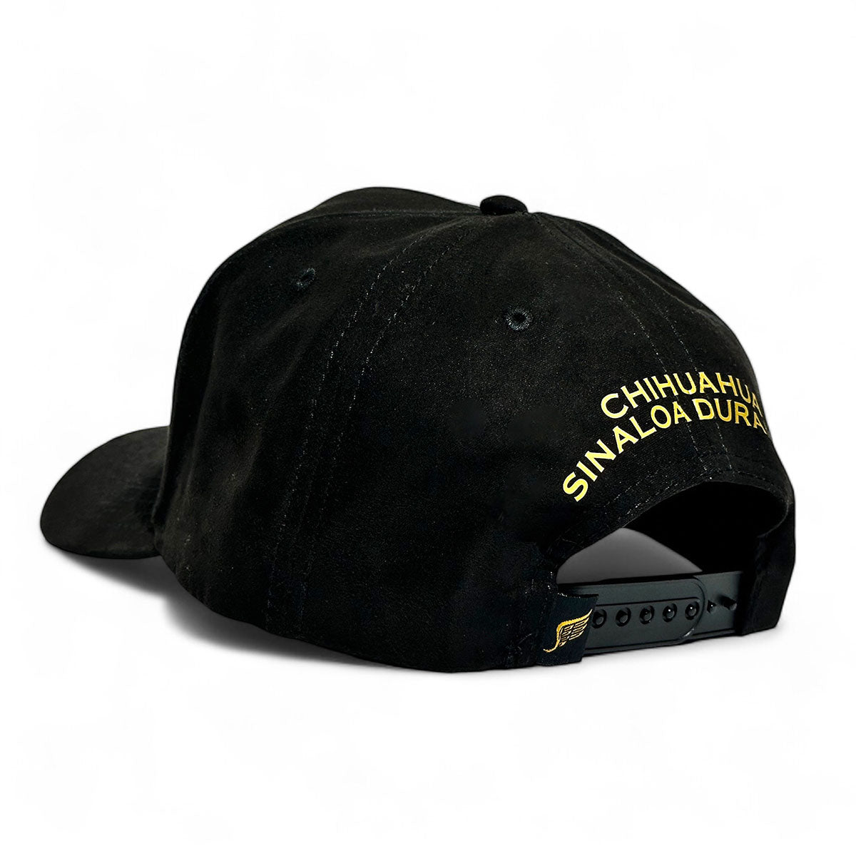 VAGO Style TRIANGULO DORADO Gorra Unica Artesanal Negra de Gamuza Ajustable con Visera Curva-Unitall