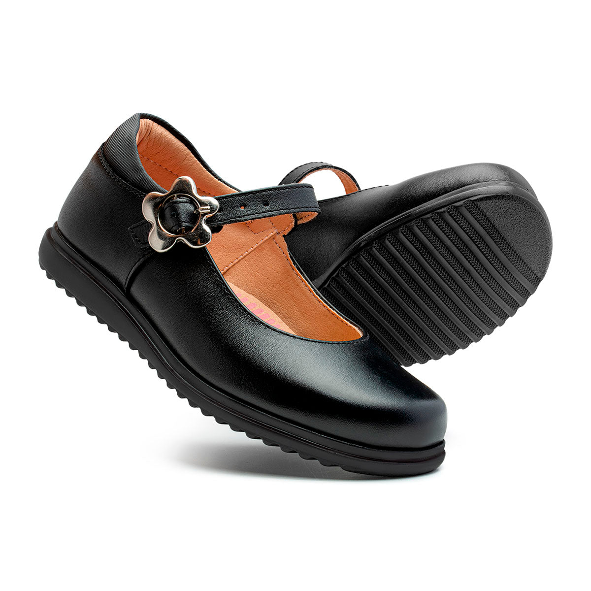 Zapato escolar negro niña Yuyin con hebilla floral y suela segura