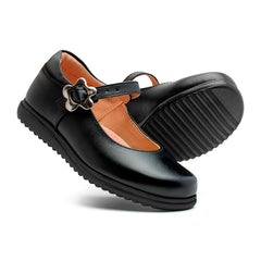 Zapato escolar negro niña Yuyin con hebilla floral y suela segura