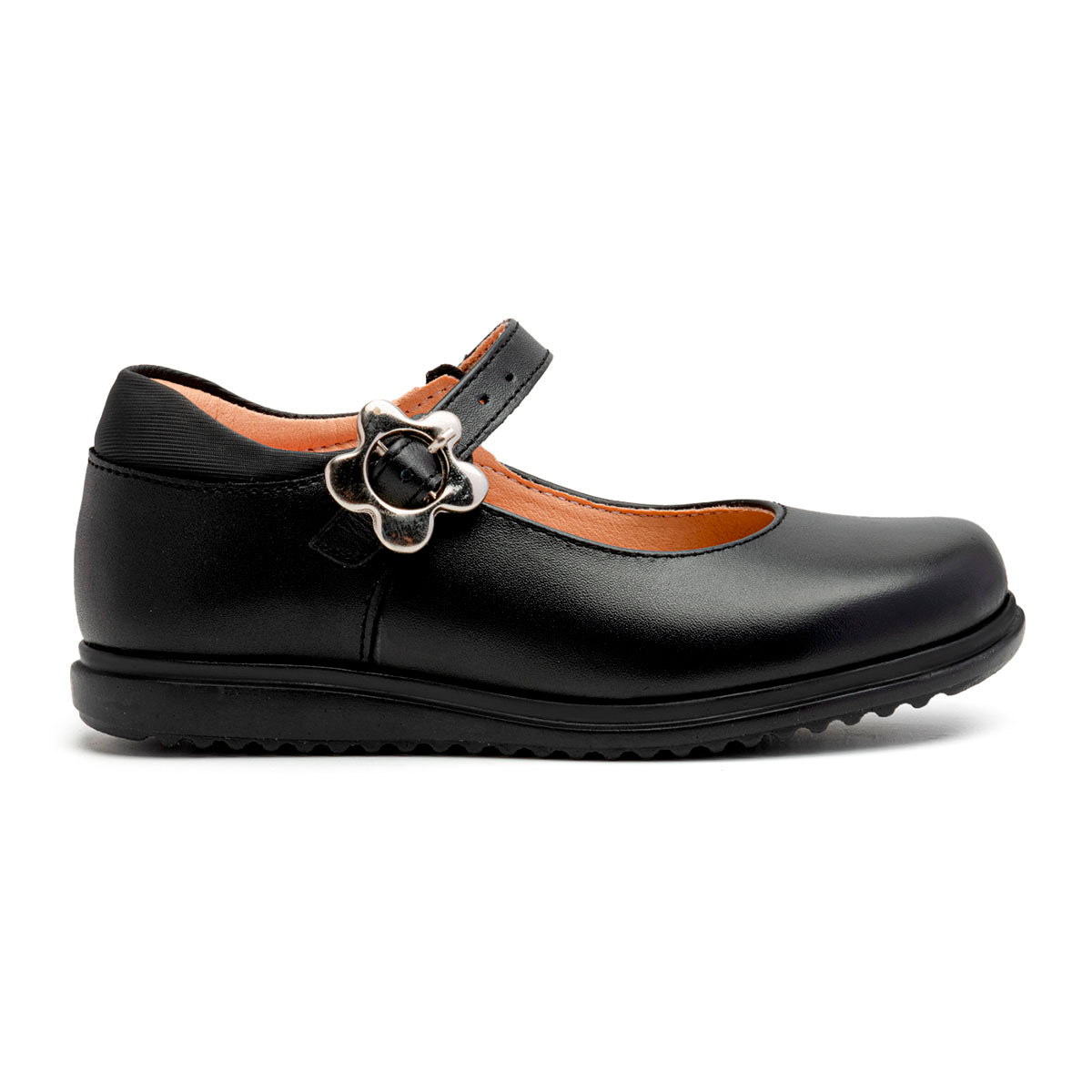 Zapato escolar negro niña Yuyin con hebilla floral y suela segura