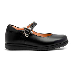 Zapato escolar negro niña Yuyin con hebilla floral y suela segura