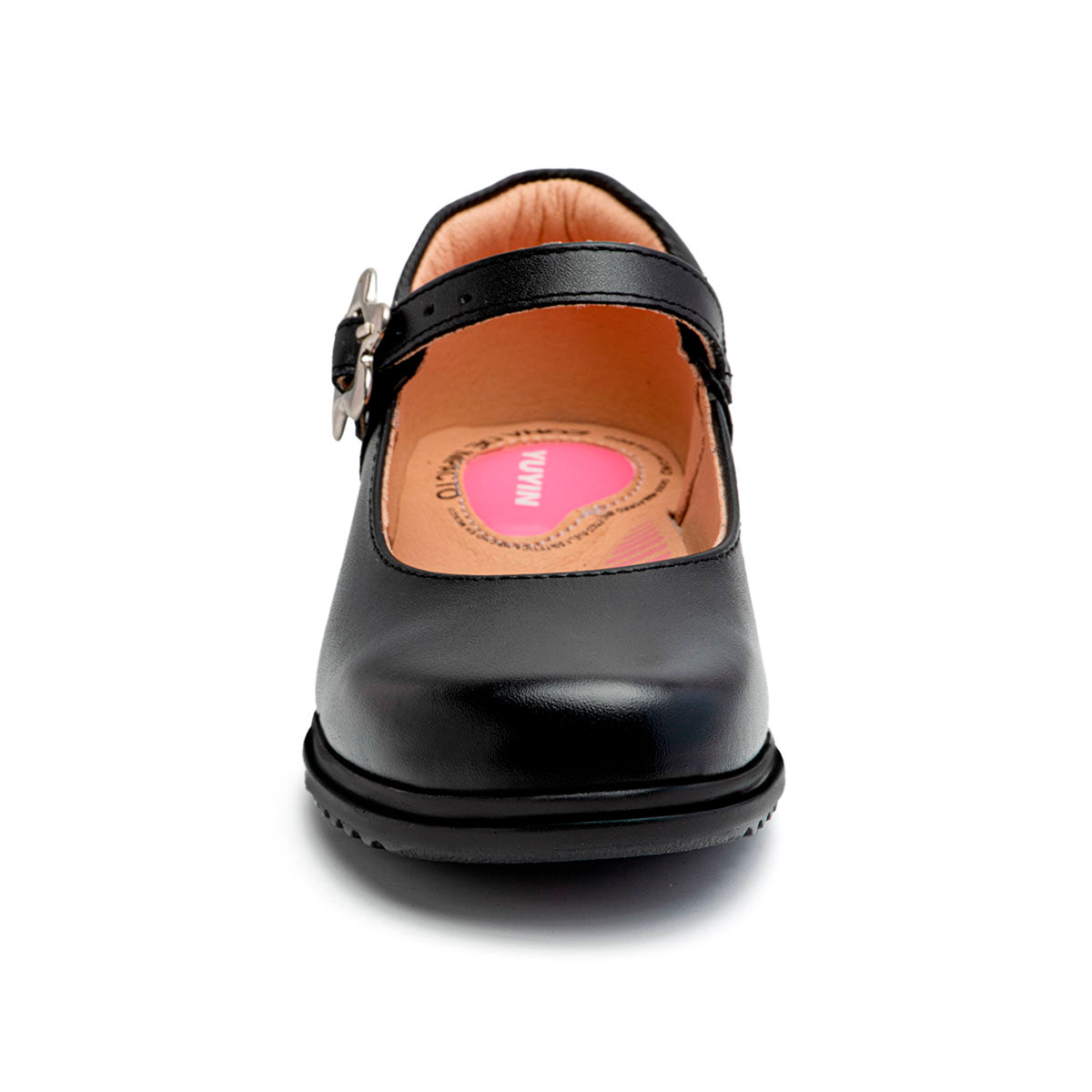 Zapato escolar negro niña Yuyin con hebilla floral y suela segura