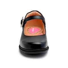 Zapato escolar negro niña Yuyin con hebilla floral y suela segura