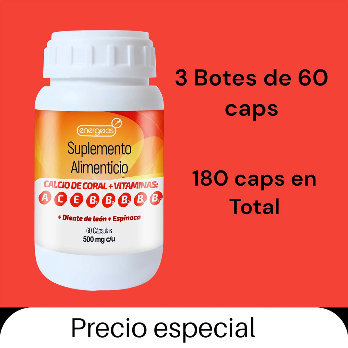 Kit 3 Calcio de Coral con Vitaminas B 90 cáps Energeios