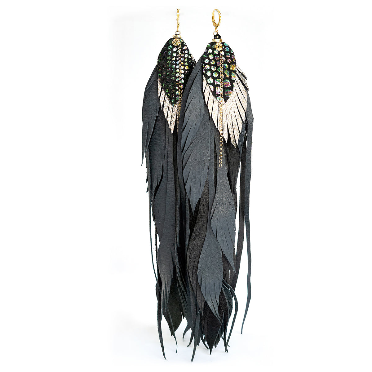 VANGANIA Aretes Full Raven pluma negra hechos a mano mujer-19CM