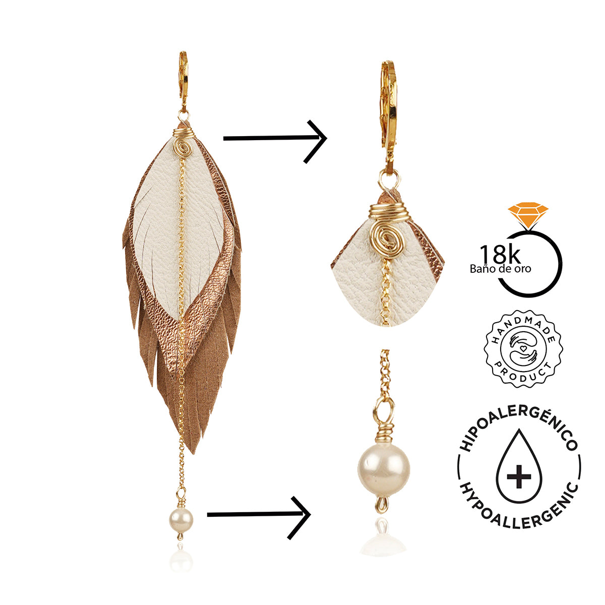 Aretes GAVILÁN mujer pluma cuero joyería elegante VANGANIA