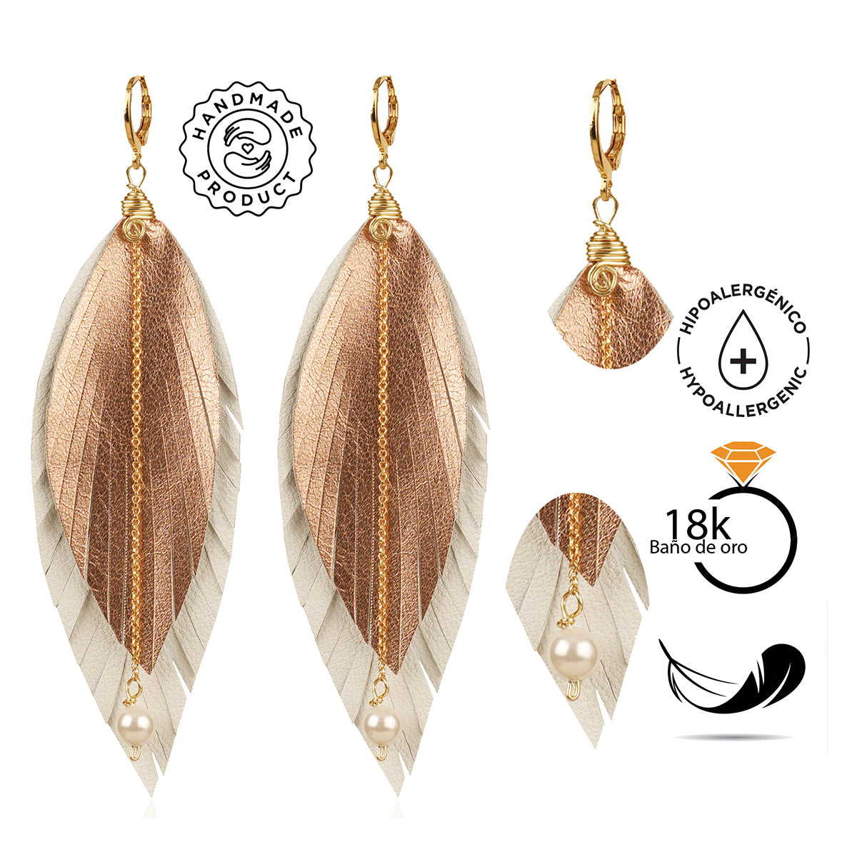 Aretes pluma dorados Vangania Elegant Gold con perla mujer