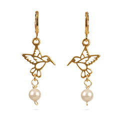 Conjunto collar y aretes colibrí dorado perla VANGANIA