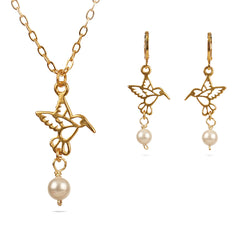 Conjunto collar y aretes colibrí dorado perla VANGANIA