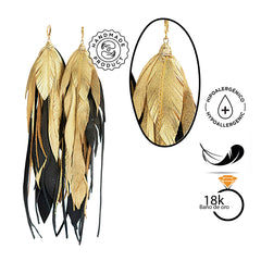 Aretes Maxi Raven Gold pluma largos dorados mujer VANGANIA-15CM