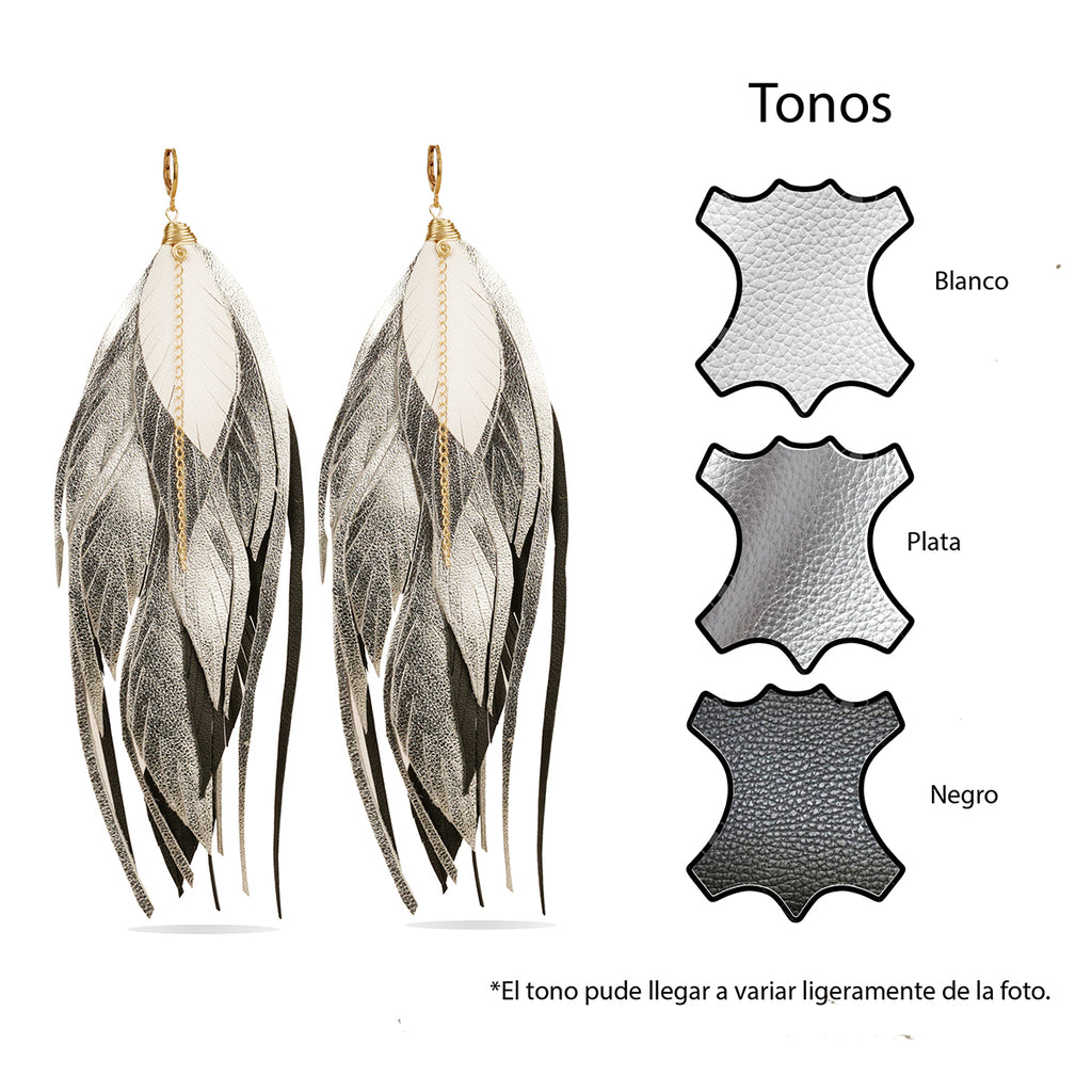 Aretes largos con pluma y perla artesanal Vangania