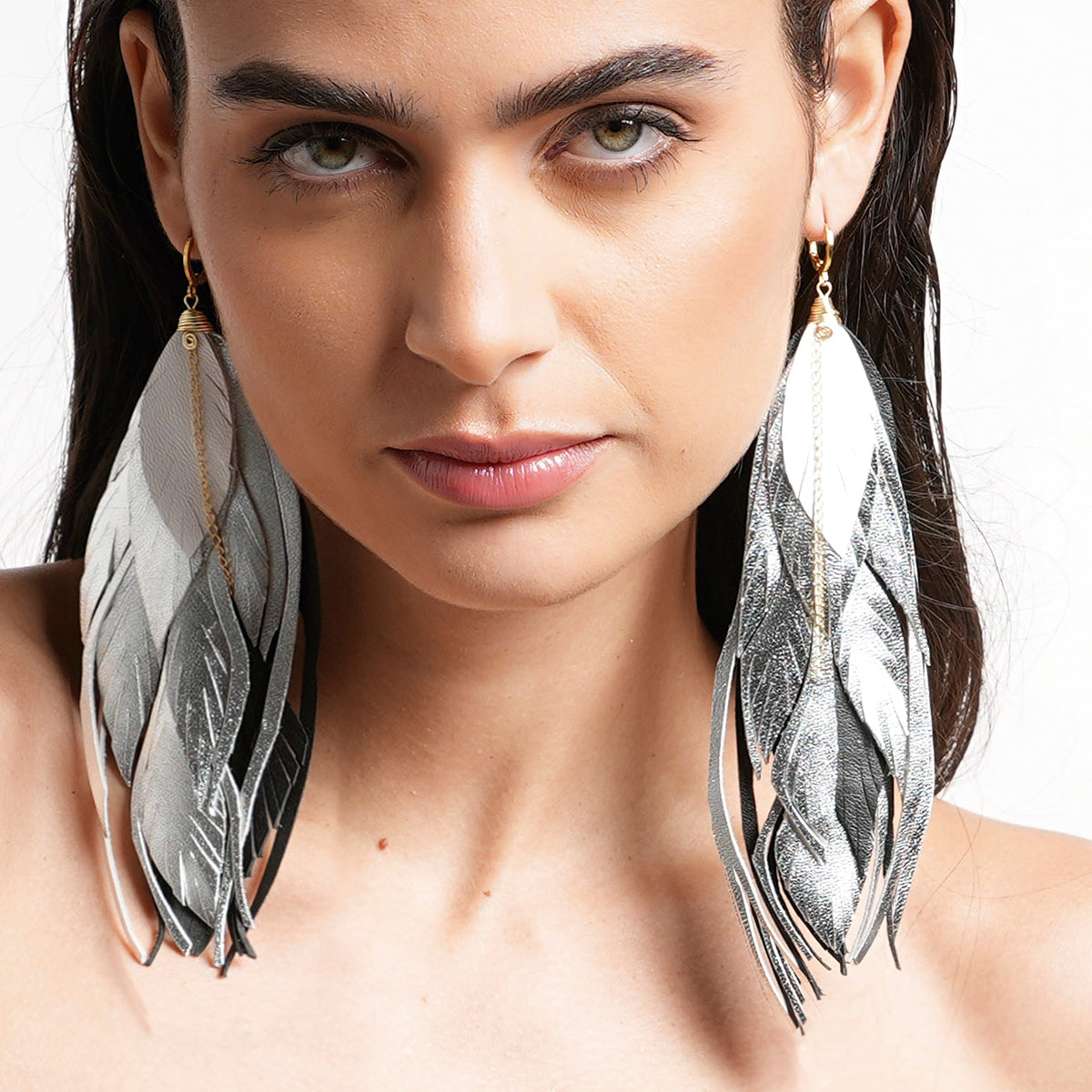 Aretes Multipluma Silver White regalo para mujer vangania-15CM