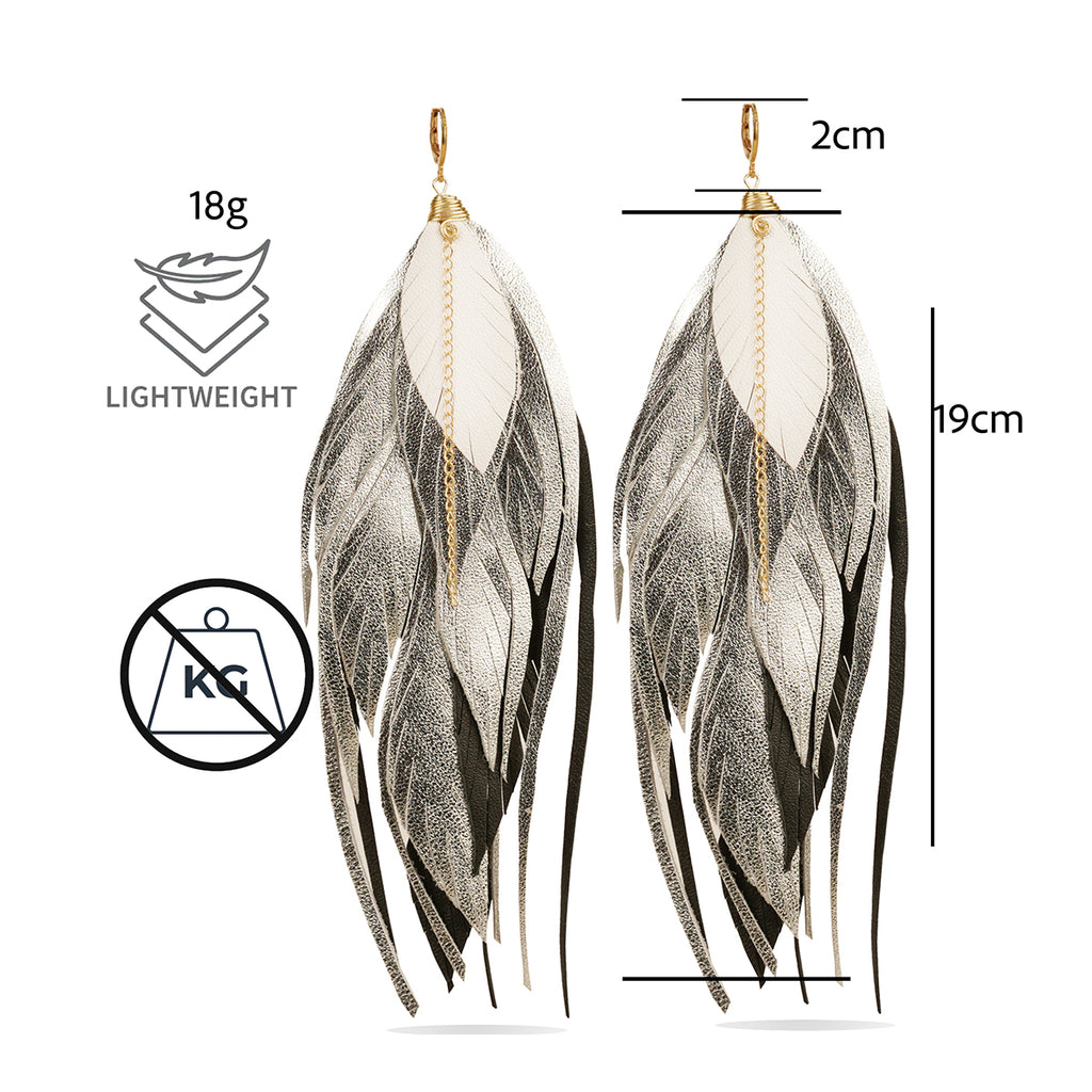Aretes largos con pluma y perla artesanal Vangania