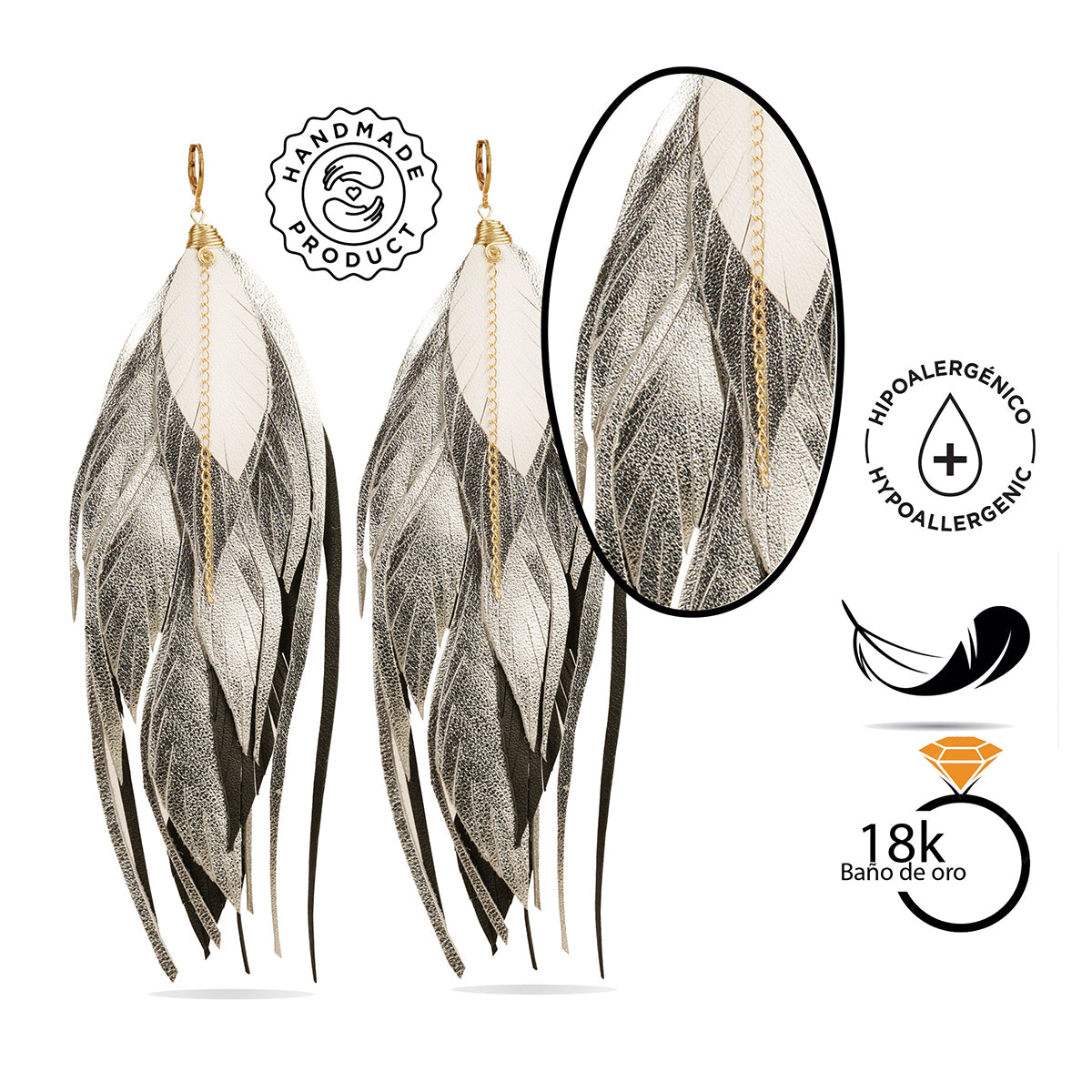 Aretes Multipluma Silver White regalo para mujer vangania-19CM
