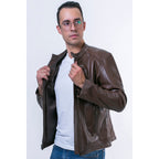 Chamarra piel castelli caballero slim fit café versátil