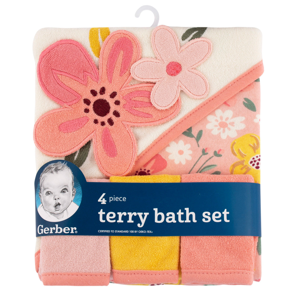 Set 4 toallas bebé Gerber capucha y paños 80% algodón rosa-OSZ