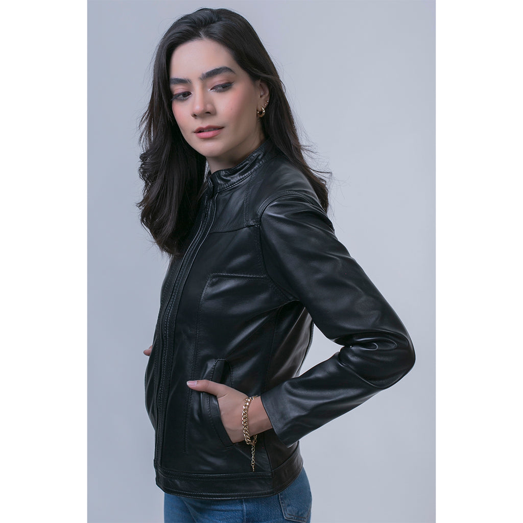 Chamarra castelli negra piel borrego mujer tipo saco elegante slim