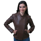 Chamarra castelli biker mujer piel borrego café slim cuello redondo