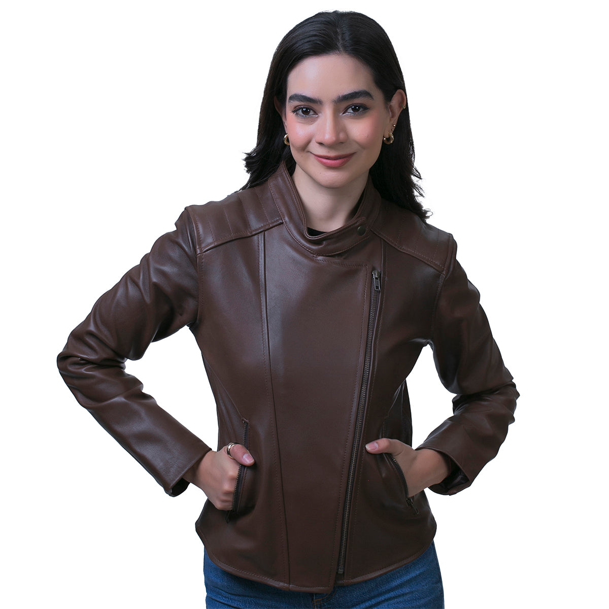 Chamarra de piel castelli biker mujer slim cuello redondo-M