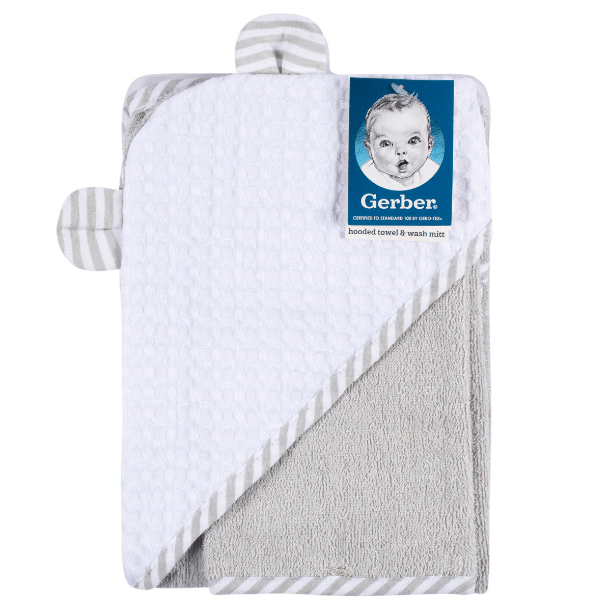 Toalla bebé Gerber capucha y mitón 100% algodón gris/blanco-OSZ