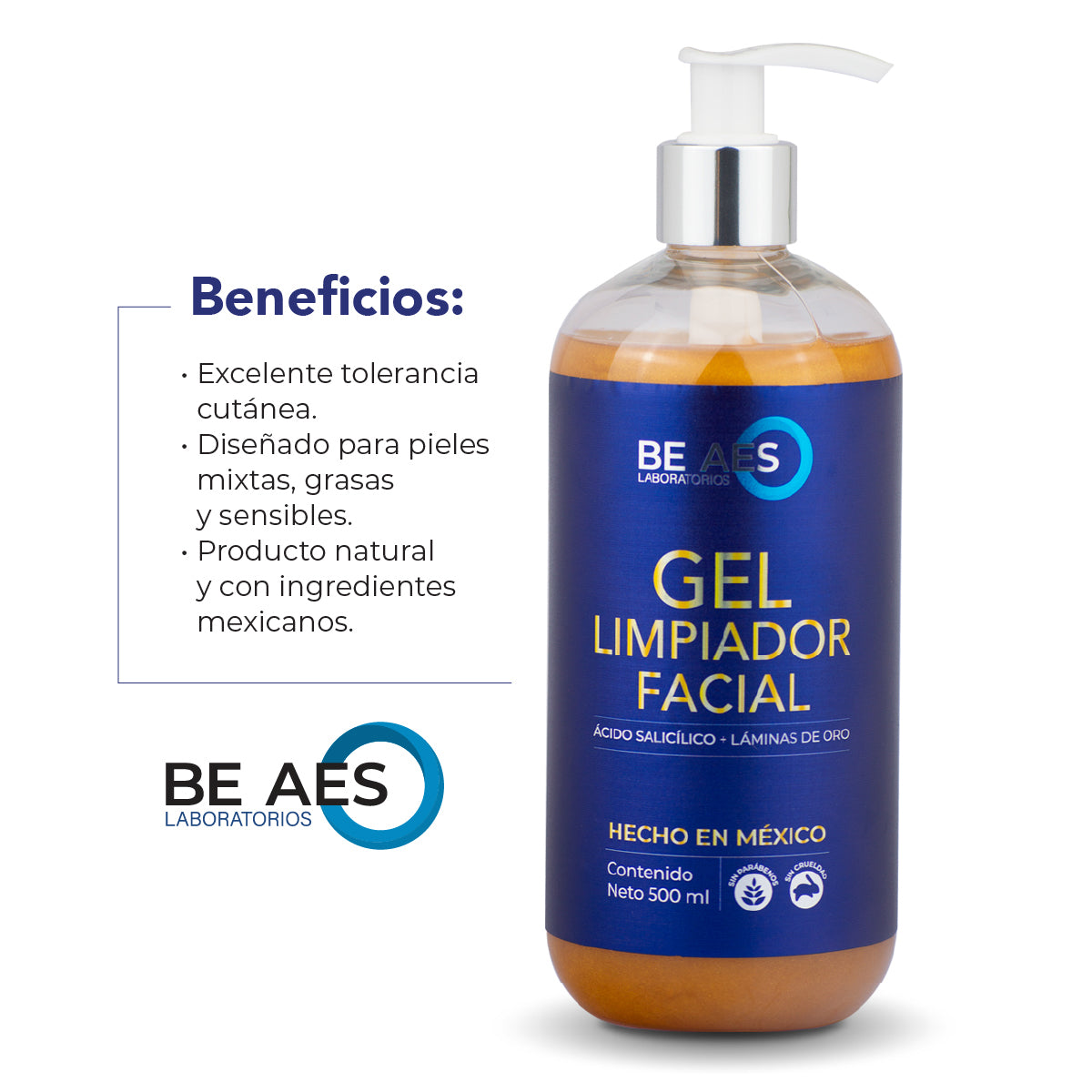 Gel limpiador facial BE AES con ácido salicílico + oro 500ML