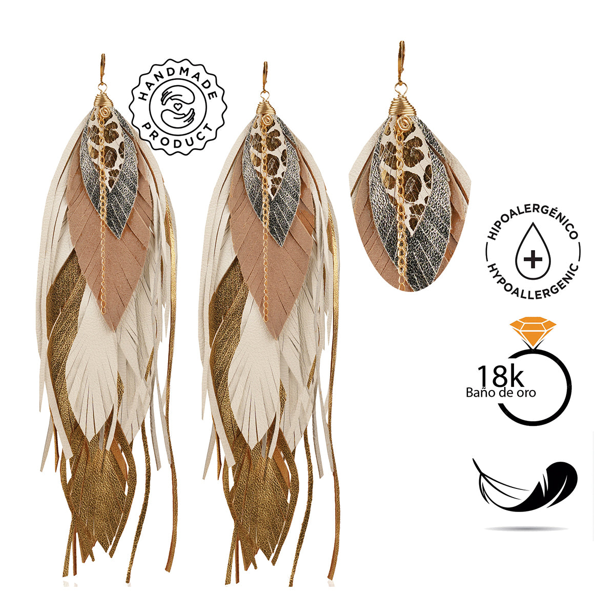 Aretes BUHO GOLD pluma largos dorados mujer VANGANIA-19cm