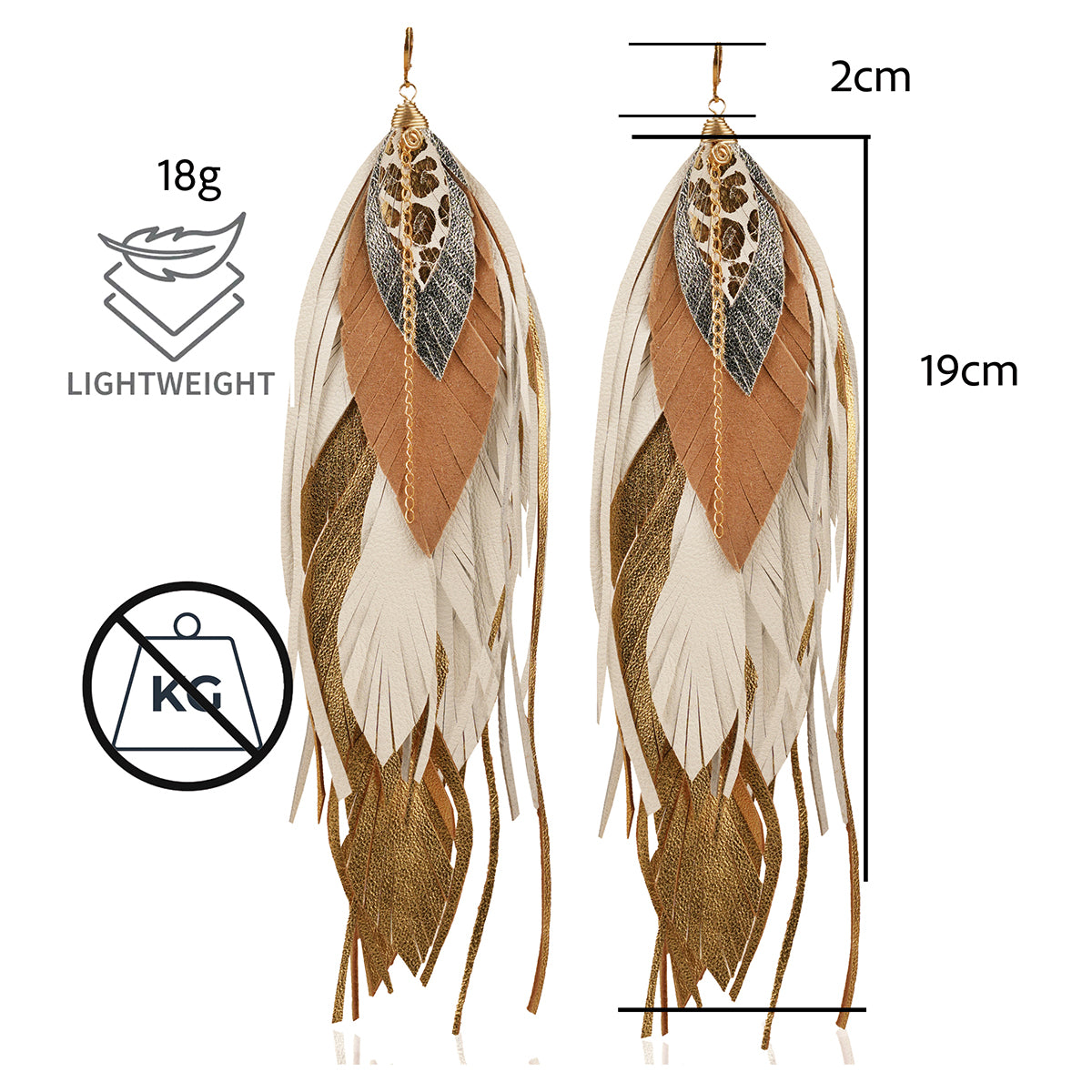 Aretes BUHO GOLD pluma largos dorados mujer VANGANIA-19cm