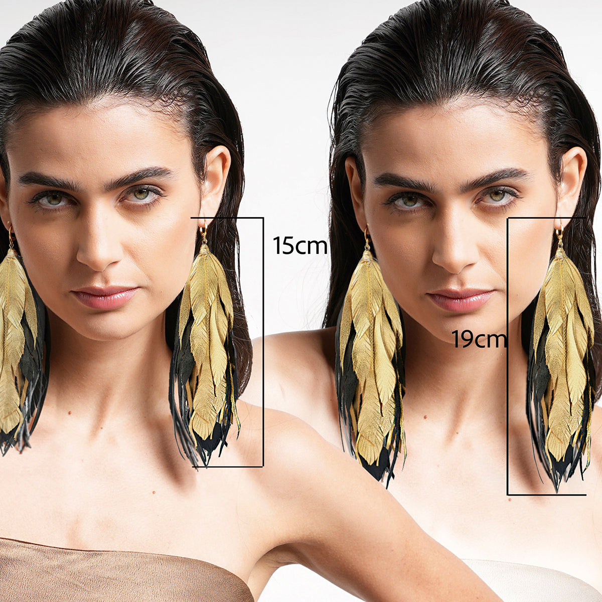 Aretes Maxi Raven Gold pluma largos dorados mujer VANGANIA-19CM
